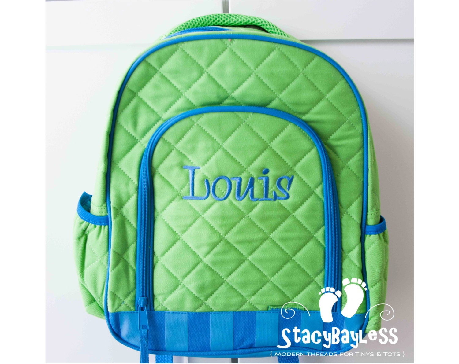 Clearance SHIPS SAME DAY-- Lime Green and Blue Back Pack or Diaper Bag - Includes Free Personalization