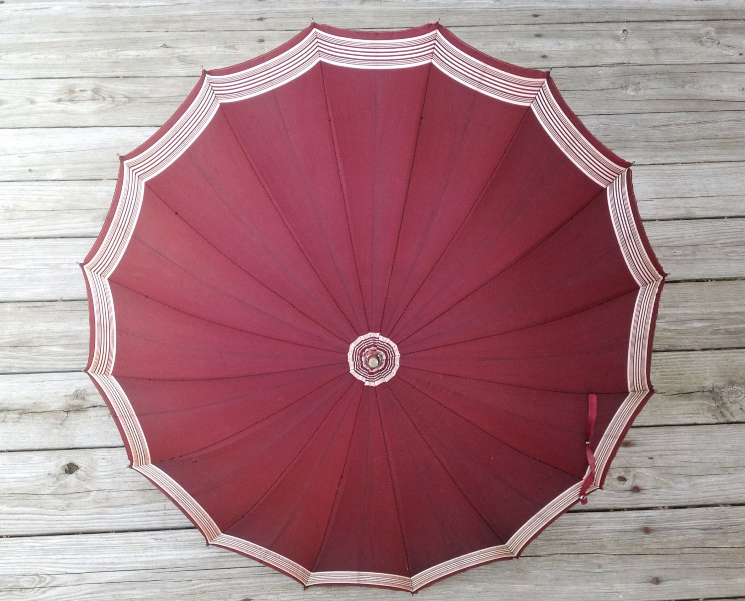 Vintage 1920s Burgundy Ivory Stripe Parasol Umbrella Wood and Lucite Handle