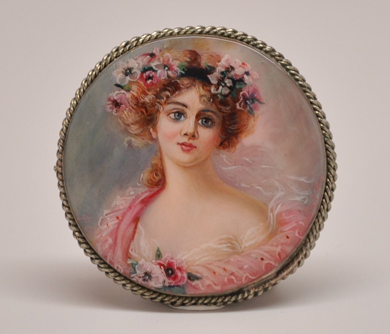 Russian Hand Painted Miniature Portrait Painting Brooch Pink Victorian Lady - FrenchQueensRansom