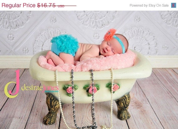 MEMORIAL DAY SALE Baby Bloomers and Headband Set - Aqua and Coral - Great Photo Prop