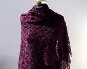 Plum hand knitted luxurious tussah silk lace shawl