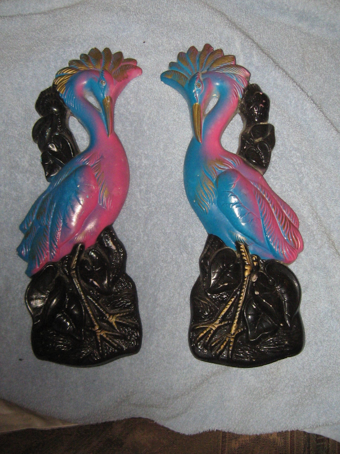 vintage 1969 set of 2 Miller Studio chalkware   crane birds wall plaques