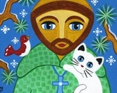 Saint FRANCIS of Assisi & CAT Art PRINT From Original Painting by Jill