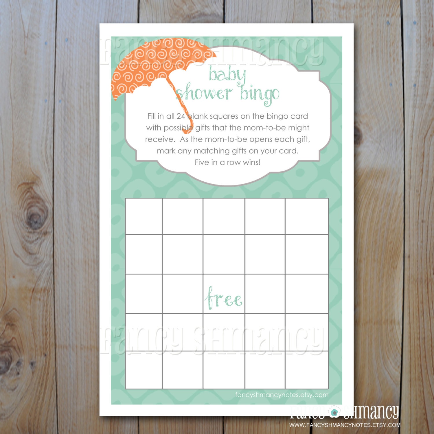 Baby Shower Bingo Game Card /Orange and Seafoam Umbrella Shower / DIY Printable Bingo Cards / Item 32430