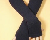 Long Thick Wool Fingerless Gloves Dark Navy Blue with Rainbow Threads, Warm Knit Armwarmers with Thumb Holes,Upcycled Knit Sleeves, Vagabond