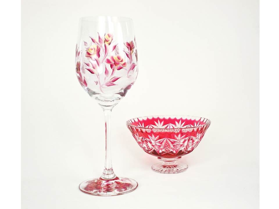 Hand Painted Wine Glasses - Gold and Dark Pink Roses, Graceful, Elegant Set of 6 READY TO SHIP