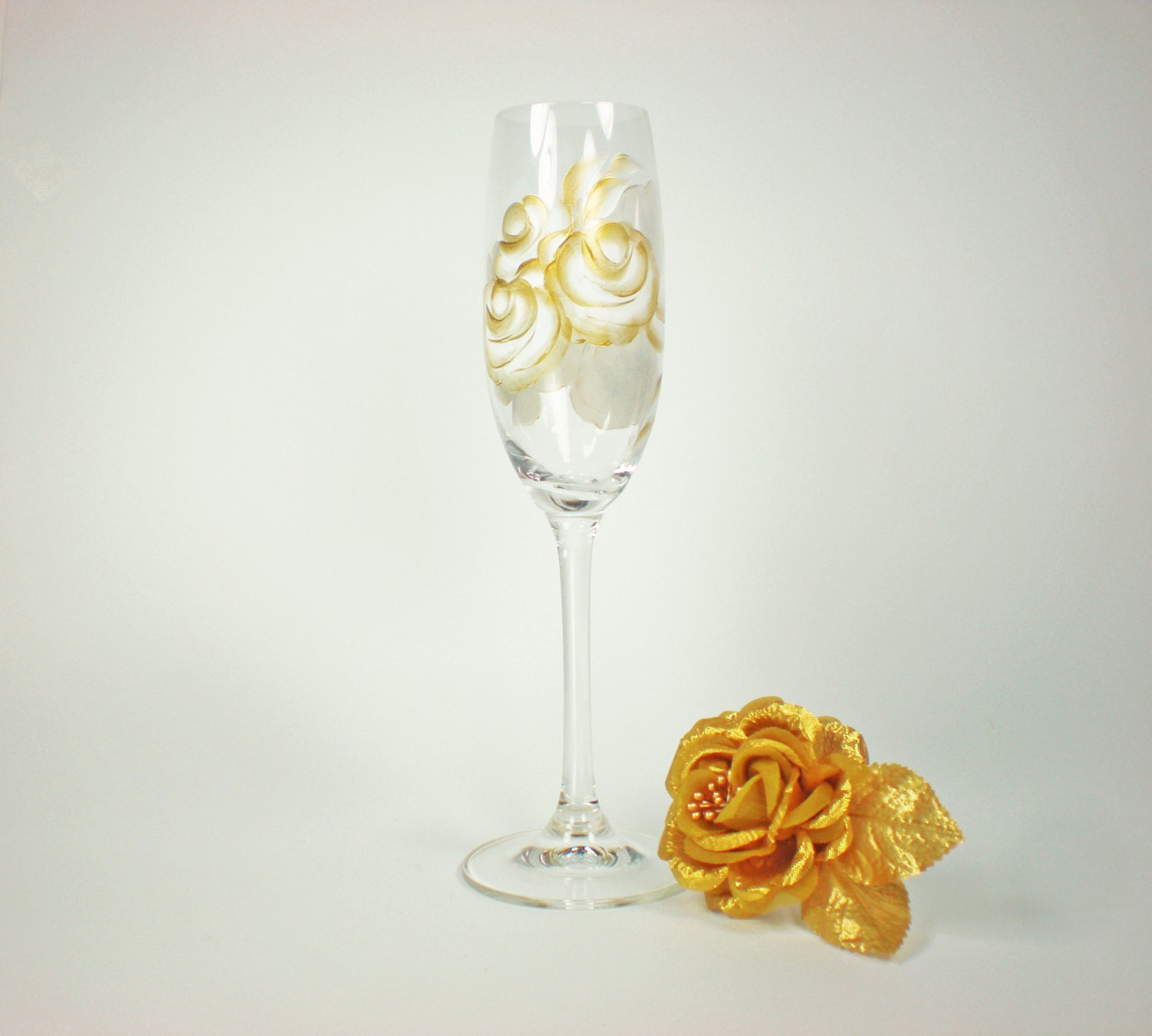 HandPainted Champagne Glasses - Gold and White Roses, Set of 4 CRYSTAL flutes - Winter New Years 50th Summer Wedding Anniversary Mothers Day