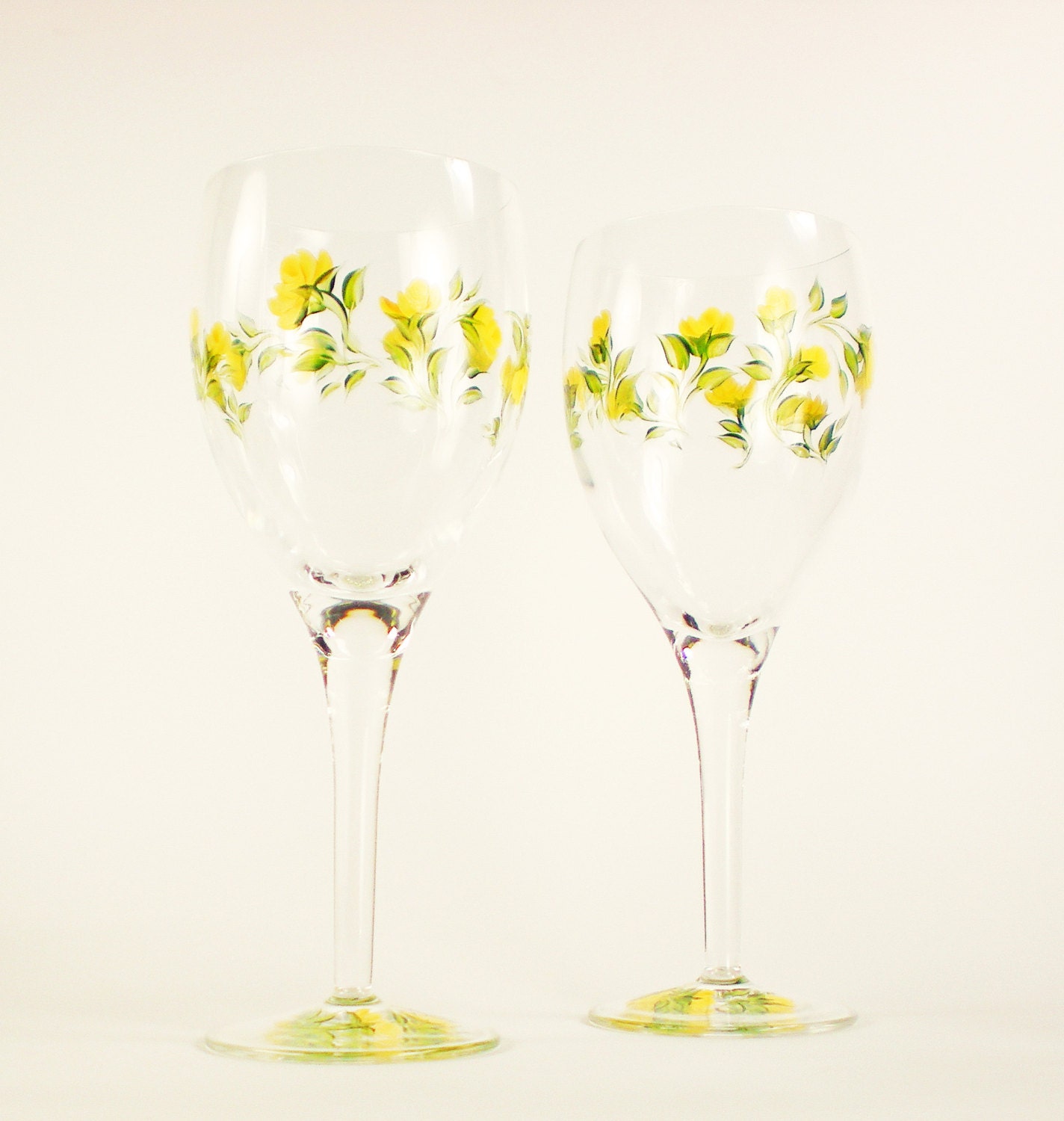 Hand Painted Glasses - Bright Yellow Roses, Set of 2 - HandPainted Glassware Spring Summer Mothers Day