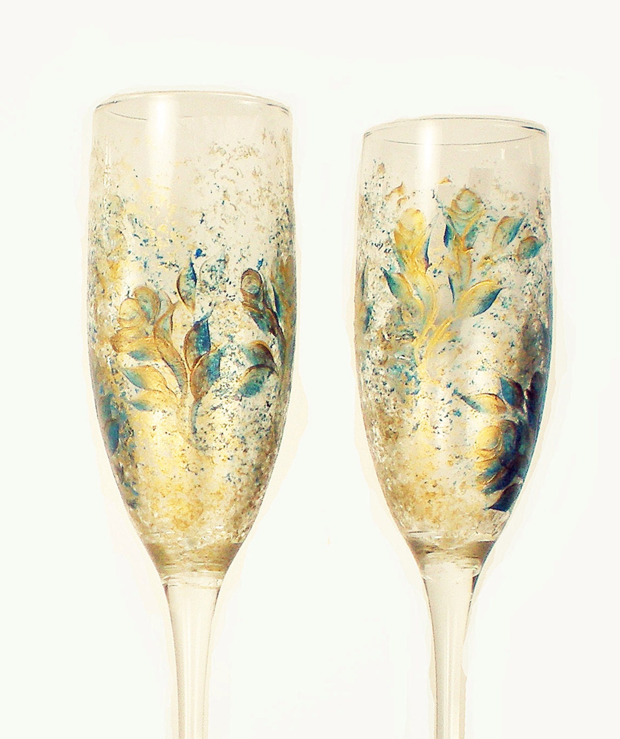 Wedding Toast Champagne Glasses - Hand Painted Teal and Gold Roses, Set of 2 - Anniversary Sparking Wine Glasses