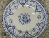 Blue Vintage English Transferware Plate Shabby Victorian Roses and Scrolls