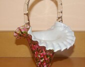 Rose Mist Fenton Vase  with Handle Vasa Murrhina Crimped with Adventurine Green Silver Specs Vintage Retired
