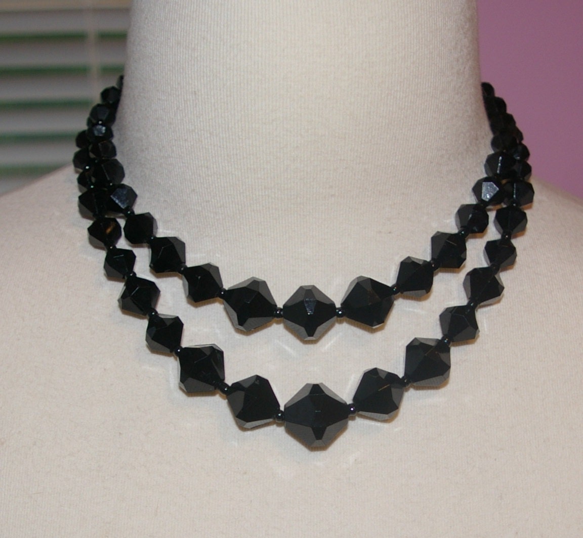 Black Choker Necklace  Graduated Shiny Spinel Faceted Beads Signed West Germany Vintage 1970's