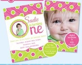 INSTANT DOWNLOAD Printable 5x7 Pink Green Polka Dots 1st Birthday Photo Card Invitation Template - Design from Doodlelulu by 2 june bugs Il_170x135