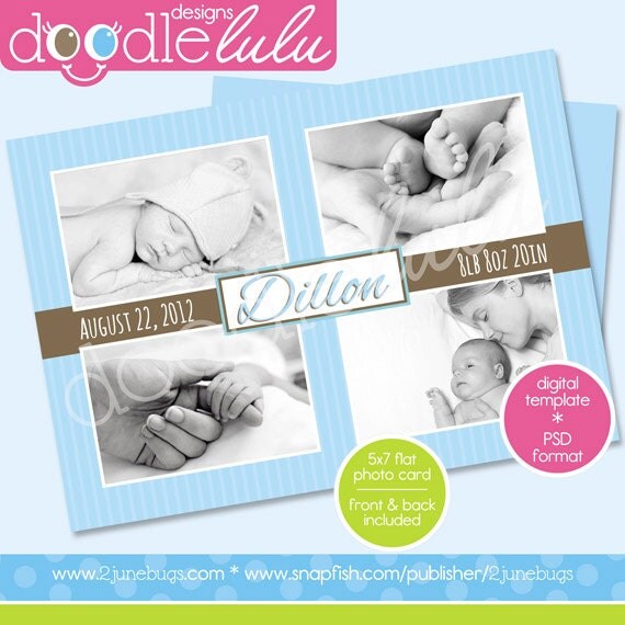 INSTANT DOWNLOAD Digital Printable 5x7 Baby Blue Pinstripe Baby Announcement Card Template (Photoshop) PSD Il_570xn