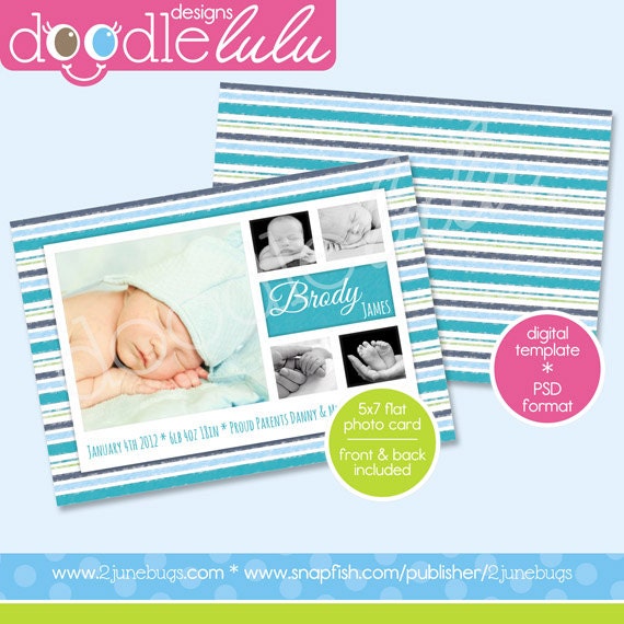 Digital Printable 5x7 Sailboat Aqua Gray Blue Striped Baby Boy Photo Card Birth Announcement Template - from DOODLELULU by 2 june bugs Il_570xn