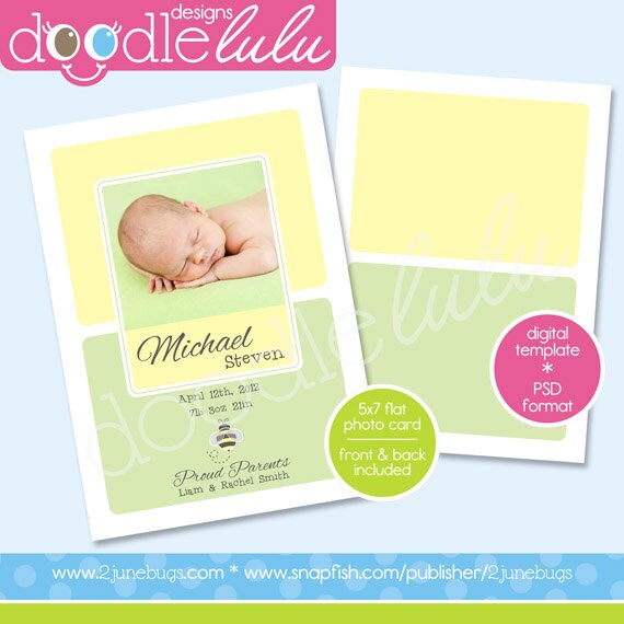 INSTANT DOWNLOAD Printable 5x7 Sweet Bee Yellow & Green Baby Photo Card Birth Announcement Template - Design from Doodlelulu by 2 june bugs Il_570xn