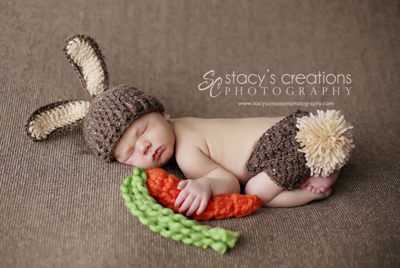 Baby Bunny Hat, Newborn Photo Prop Set, Easter Rabbit  Hat,Diaper Cover - CARROT included