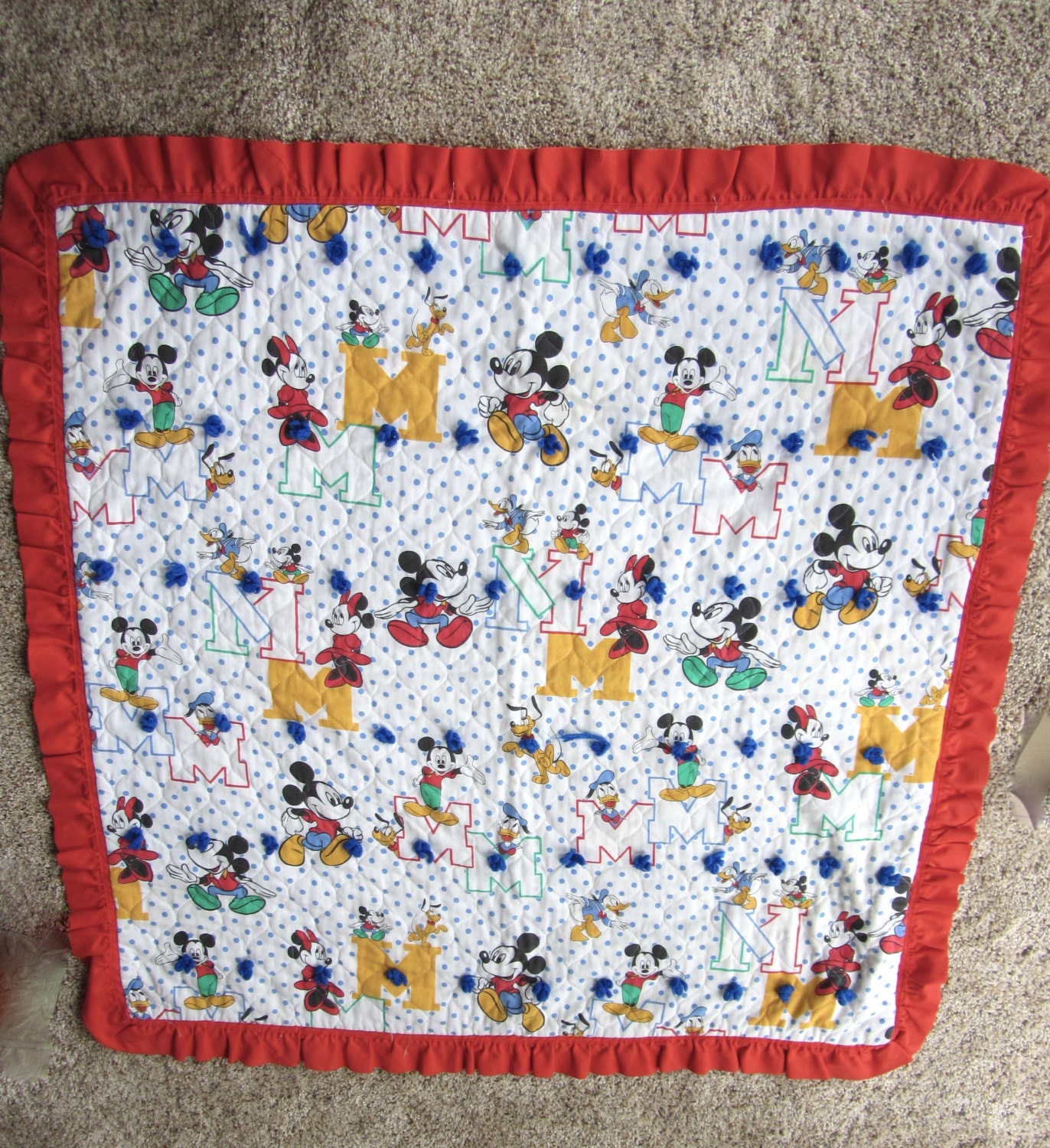 Vintage Handmade Baby Quilt MICKEY MOUSE Red Ruffled Edge Disney Donald Duck