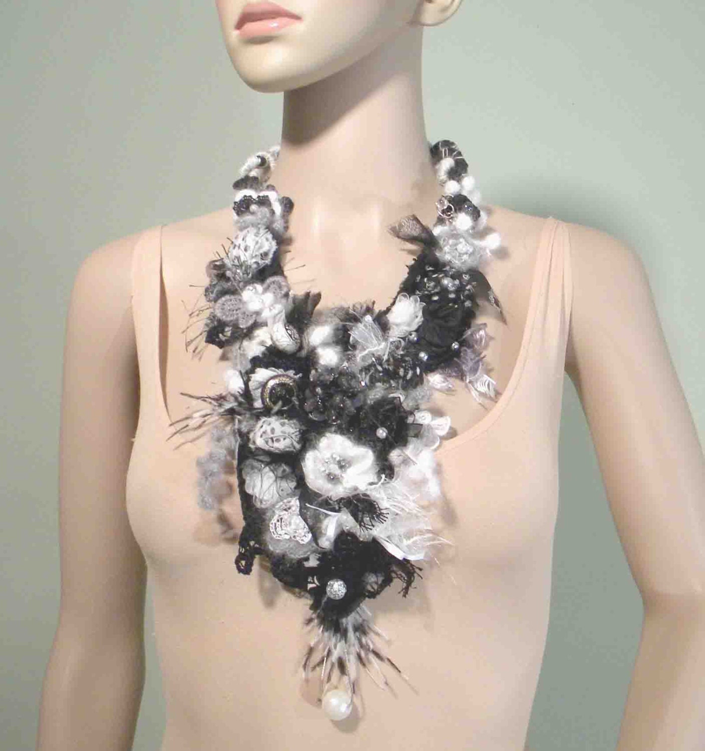 EXQUISITE NECKLACE/BIB - Wearable Fiber Art Jewelry, Richly Embellished & Jeweled, Adjustable Length