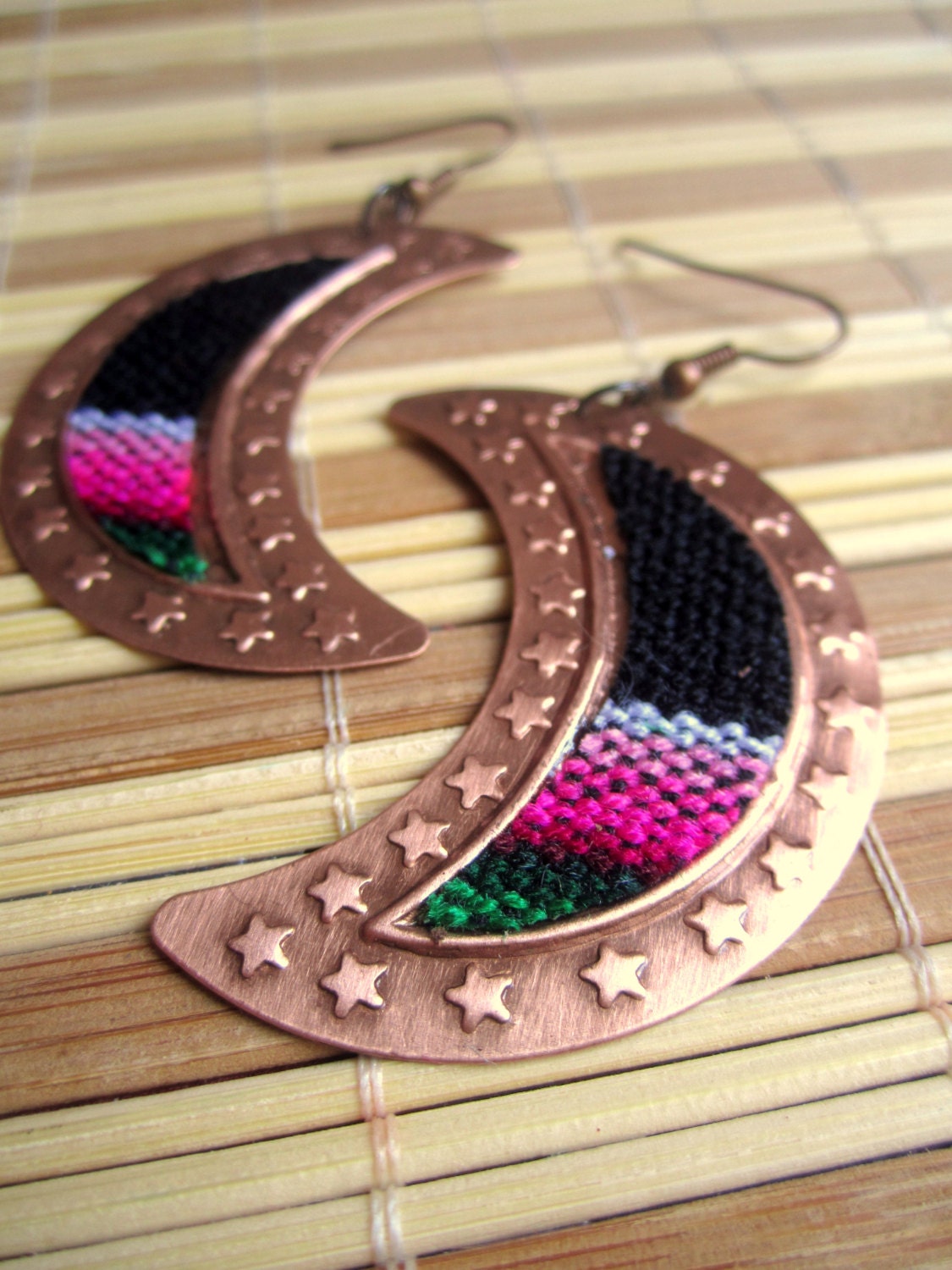 Statement Tribal Copper Earrings, Woven design, bohemian earrings