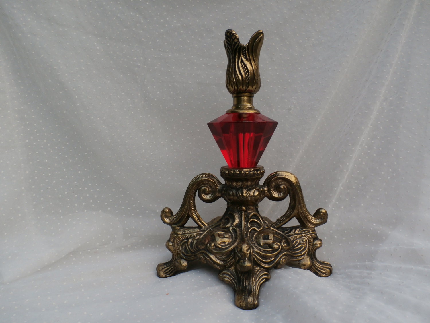 Beautiful Ornate Gold Toned Metal and Red Candle Holder by Brite Metal Vintage