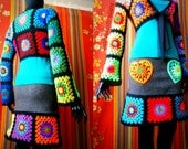 Upcycled Grey Felted Wool Skirt With Granny Square Decoration And Colorful Crochet Heart Appliques With Flower Button Center