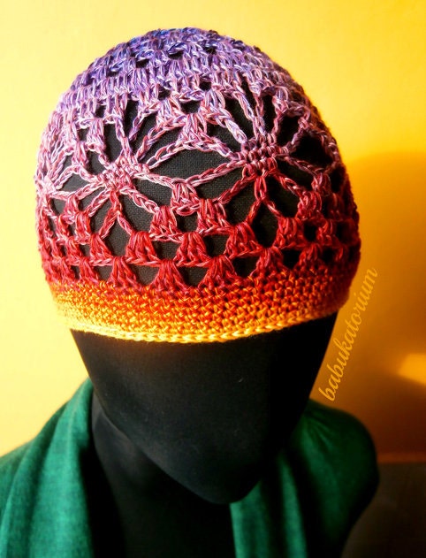 Crochet Hat - Purple Orange Rainbow Lace Crochet Beanie