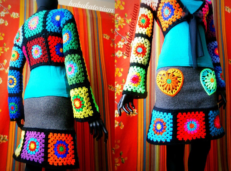 Upcycled Grey Felted Wool Skirt With Granny Square Decoration And Colorful Crochet Heart Appliques With Flower Button Center