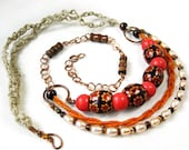 Pink Orange Brown Necklace Peach Pearls Coral Beads Wood Vintage Floral Pattern Hemp Copper Chain Multi Strand Necklace Front Unique Design