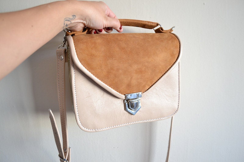 Mady Nude, gold & brown suede leather crossbody bag (Handmade to order)