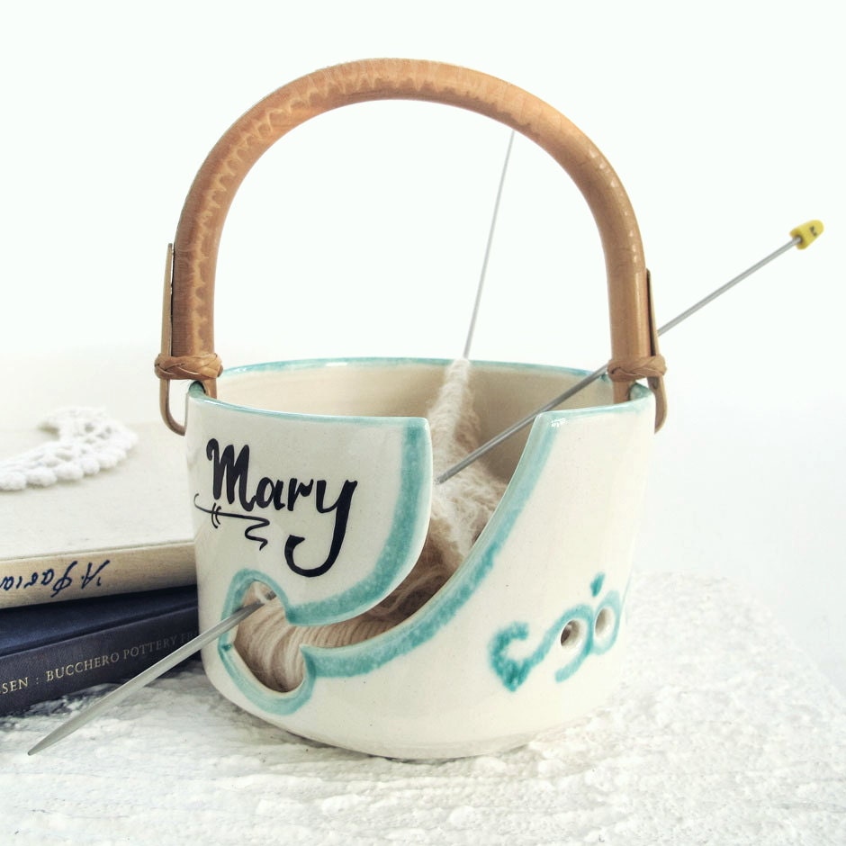Personalize your Ceramic Yarn Bowl, Knitting Bowl, Wheel thrown Handle Fresh White POTTERY porcelain stoneware modern Mother's day gift