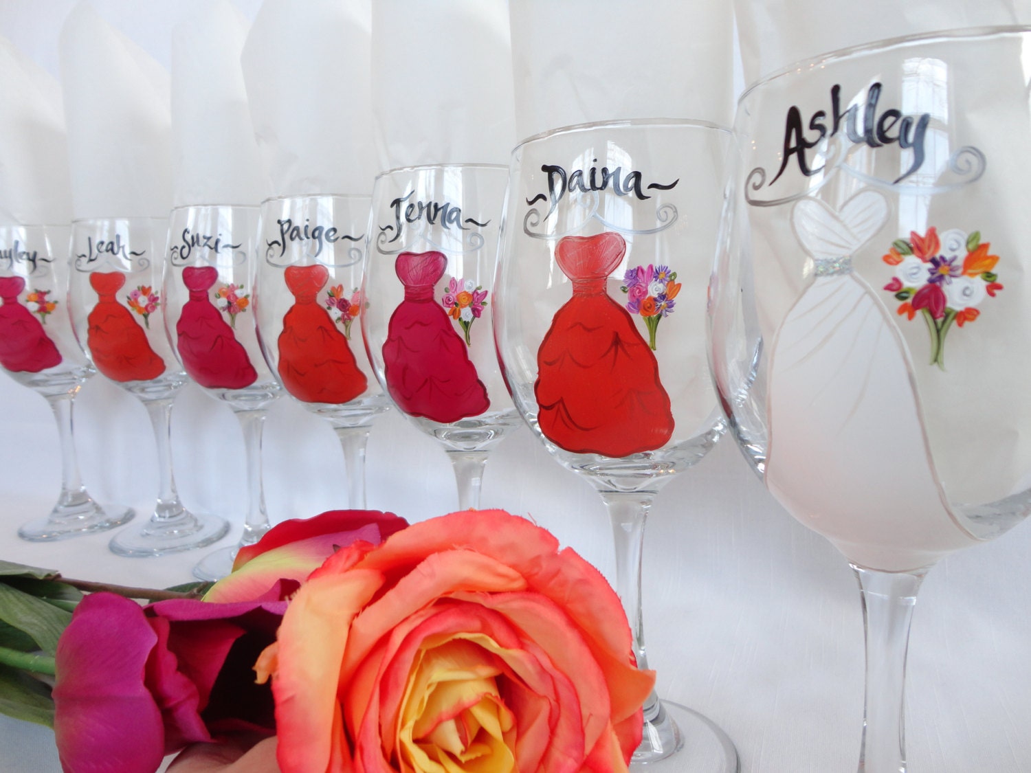 THE ORIGINAL Personalized Hand Painted Bridesmaid Dress White WIne Glasses -  Gift Wrapping Available