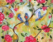 Original painting oil Spring Birds and Flowers palette knife impasto on canvas impressionism fine art by Karen Tarlton