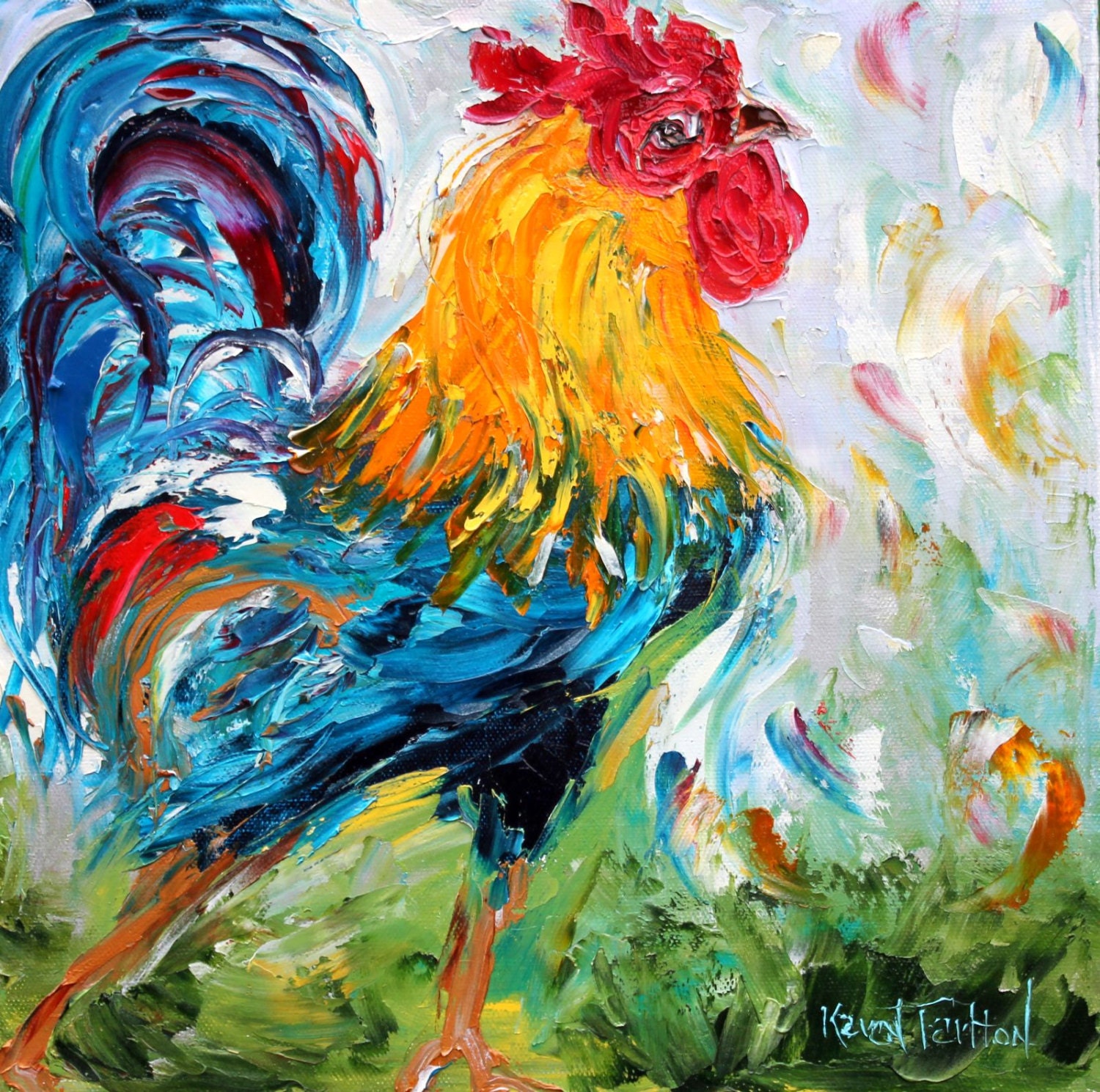 Original oil painting Rooster Bird PALETTE KNiFE impressionism impasto fine art on canvas by Karen Tarlton
