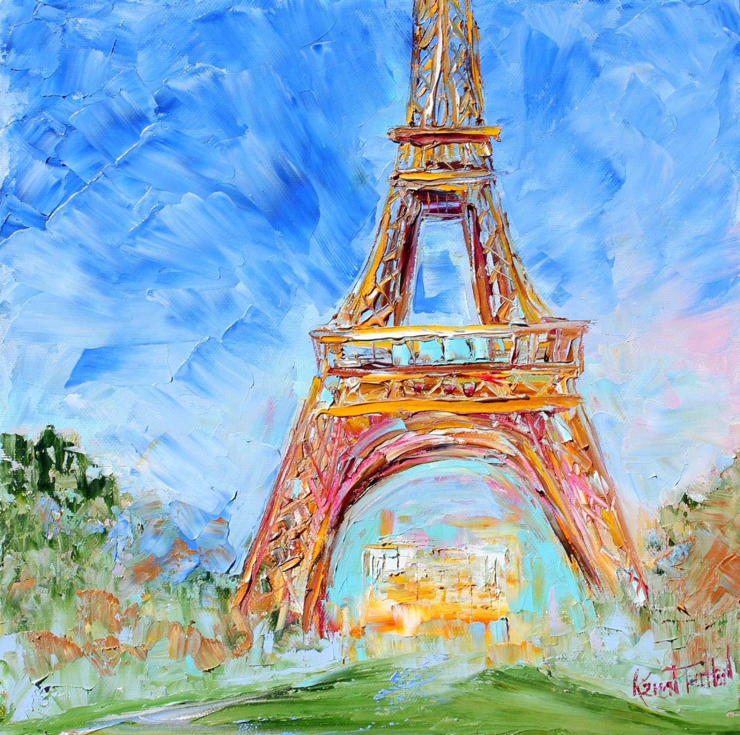 Original Oil painting Paris Eiffel Tower palette knife ABSTRACT modern texture fine art impressionism by Karen Tarlton