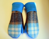 Perky Plaid Mittens with turquoise cuffs, lined with soft  brown fleece. Made from recycled wool sweaters and blanket.  Ladies S/M