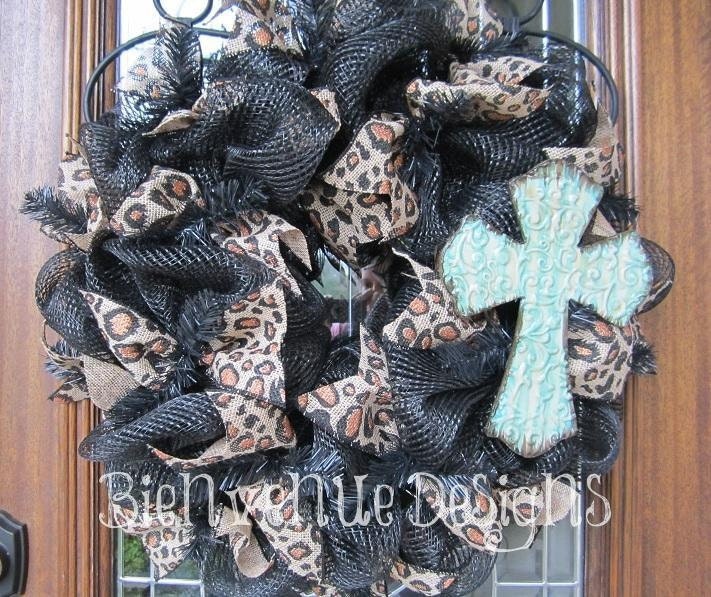 Turquoise Tin Cross Leopard Mesh Wreath