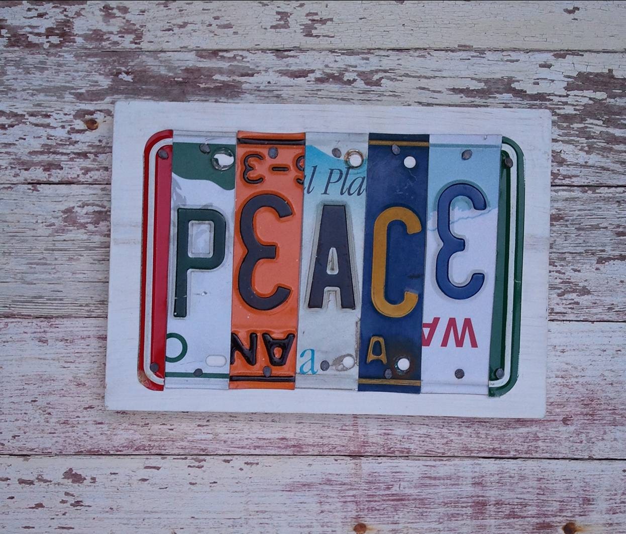 PEACE White Orange Red Aqua Surfer Beach Word Block Sign Custom Funky States License Plate Art Recycled