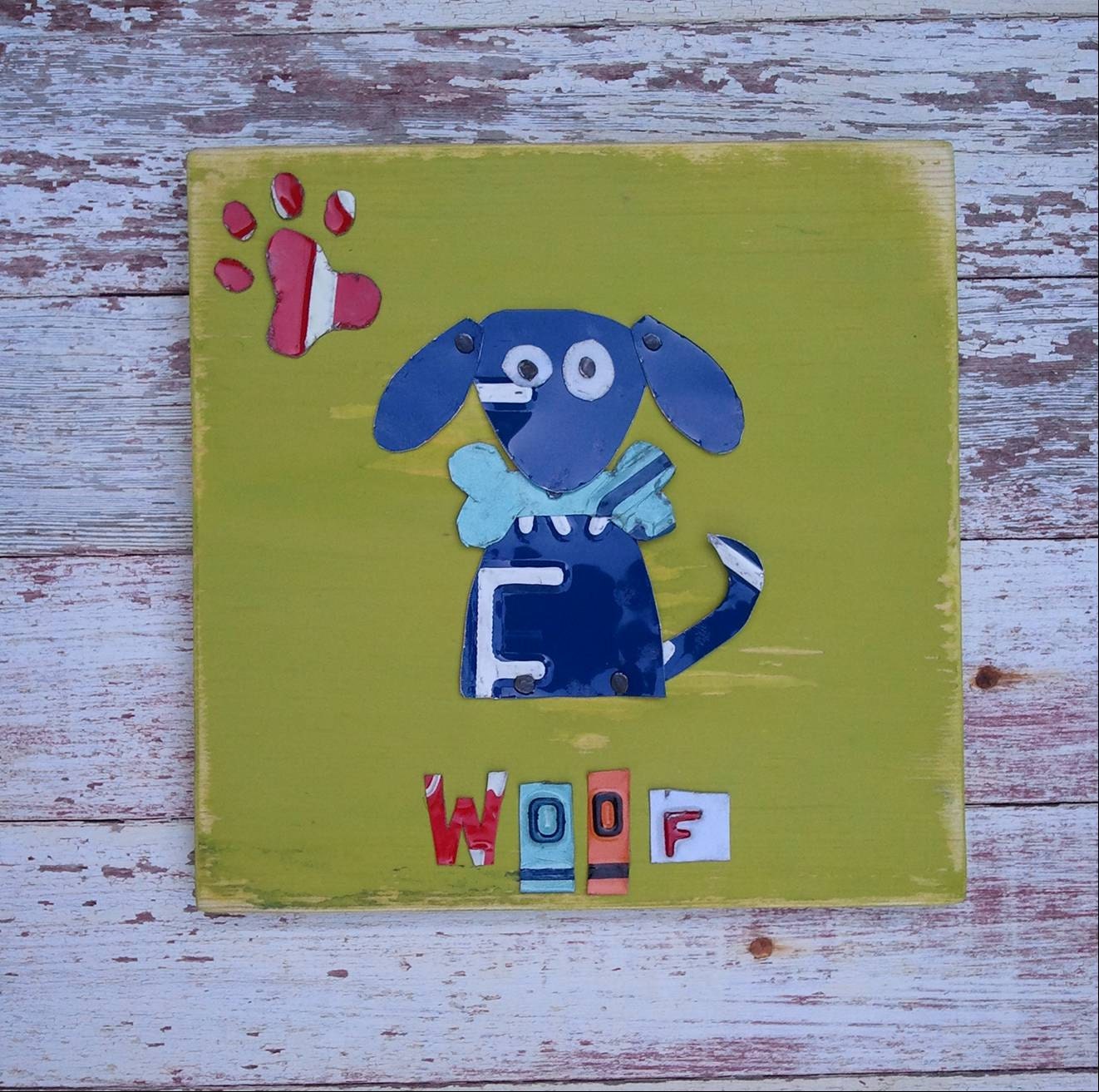 Funky Blue Dog Navy Blue on Olive Green with Red Paw Woof Nursery Boy Toddler Animal Custom License Plate Art Recycled States