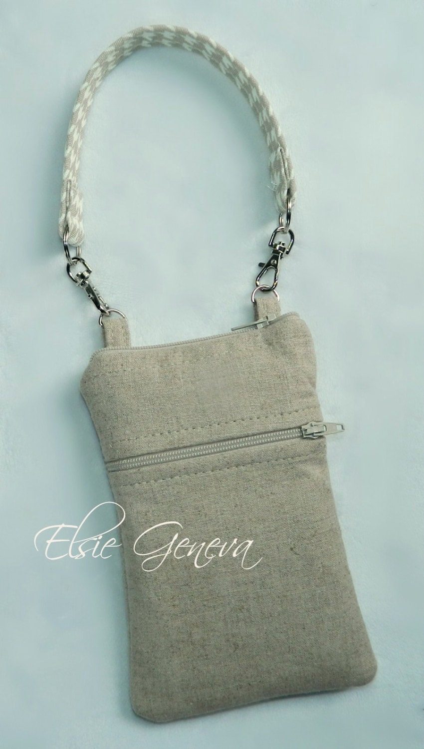 Solid Natural Japanese Linen & Houndstooth Phone Case with Wristlet and Zipper Closures