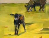 who me  baby calf and mama cow original oil painting by moulton 6 x 6 inches prattcreekart