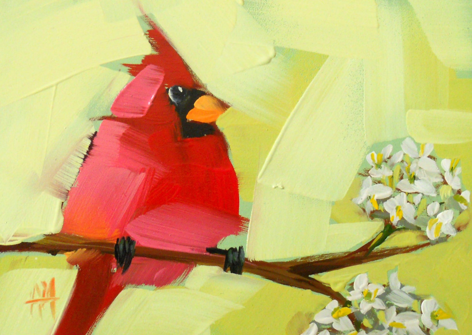 Cardinal on Apple Branch original bird oil painting by moulton 5 x 7 inches on panel  prattcreekart