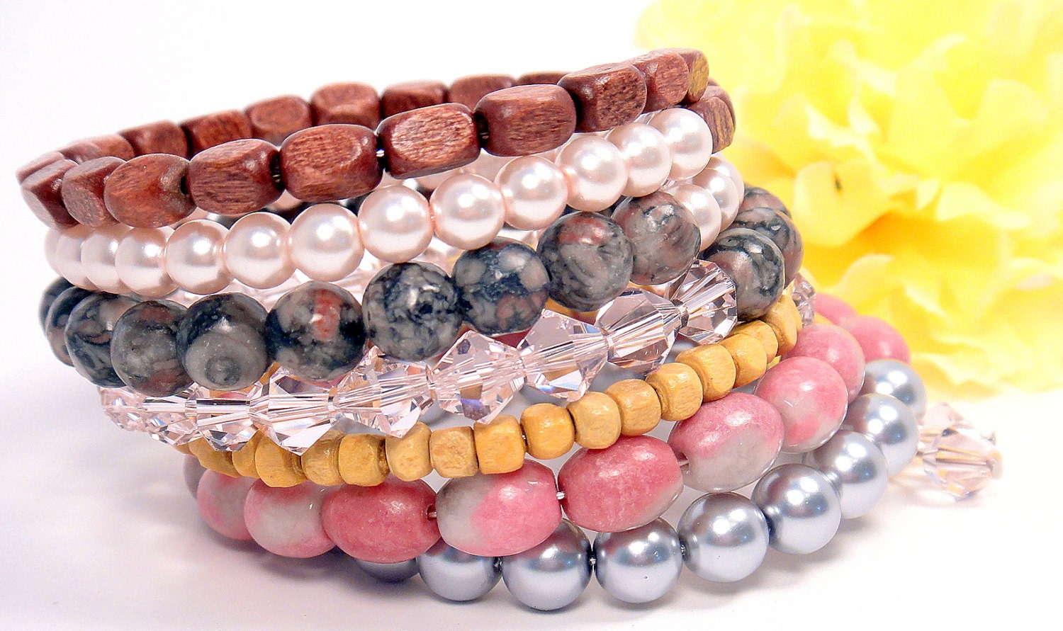 Pink Gray Bead Cuff, Memory Wire Cuff, Multicolor Bangle