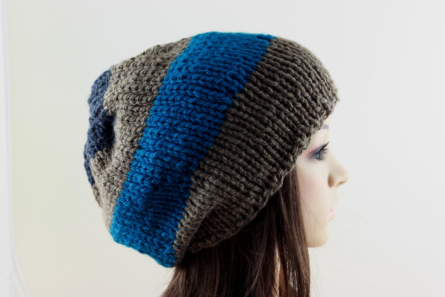 Slouchy Hat Hand Knit Hat Women s Hat Men s Hat Blue and Brown