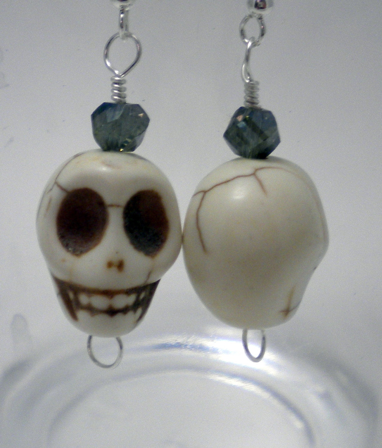 Magnesite (Turquoise)Skull Earrings - White w/ Smoky Crystal