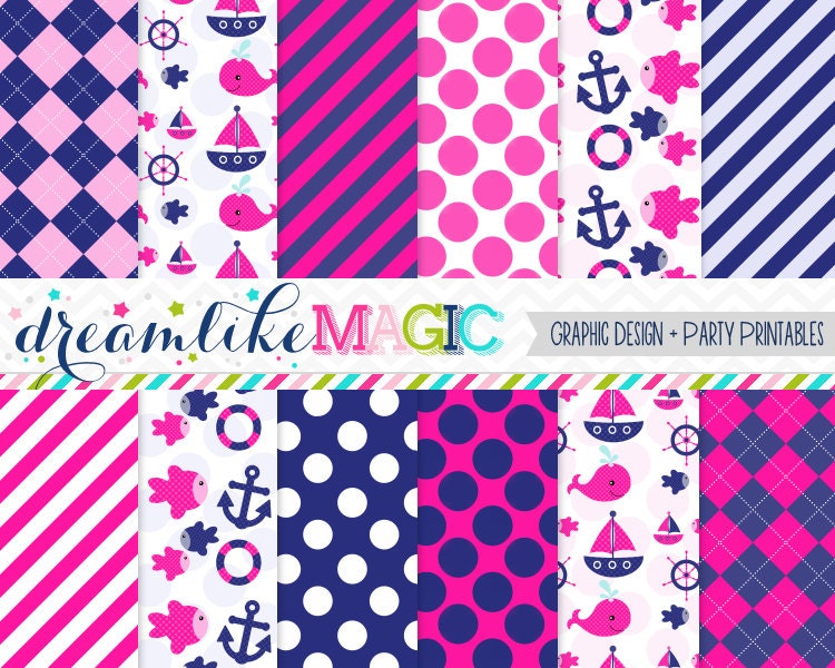 Pink and Navy Nautical Themed Digital Paper Pack for Personal or Commercial Use INSTANT DOWNLOAD Il_170x135