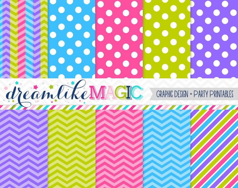 Chevron, Polkadots in Blue, Pink and Green- Digital Paper Pack for Personal or Commercial Use Il_170x135