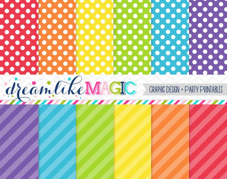 Primary Rainbow Stripes and Polkadots Digital Paper Pack for Personal or Commercial Use Il_570xn