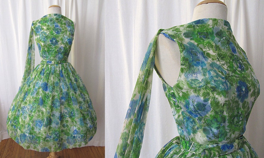 Chic 1950's Blue & Green Chiffon Floral Print New Look Party Prom Dress w/ Attached Shawl Spring Summer Pinup Rockabilly VLV Size-Small