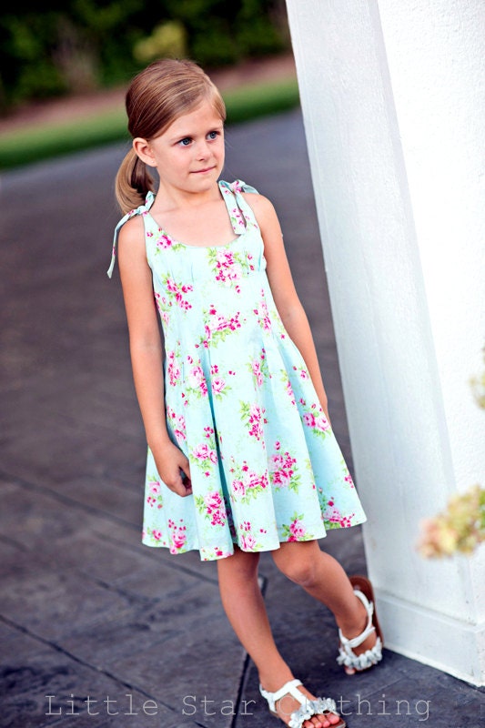 girls dress l size 3 l summer boutique sundress in sky blue floral cotton fully lined l handmade l Ready to Ship